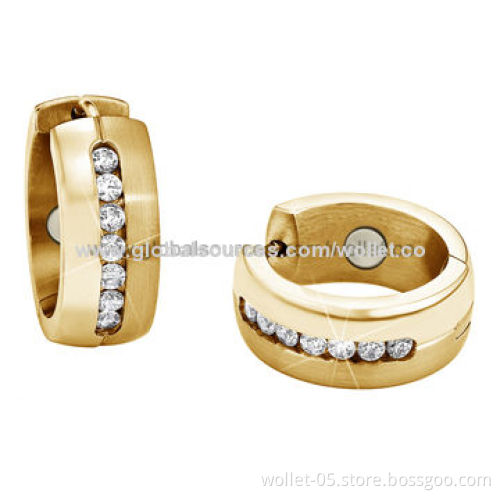 Gold Plated 316L Stainless Steel Stud Earrings with Magnet for Ladies, Decorated with CZ Stone